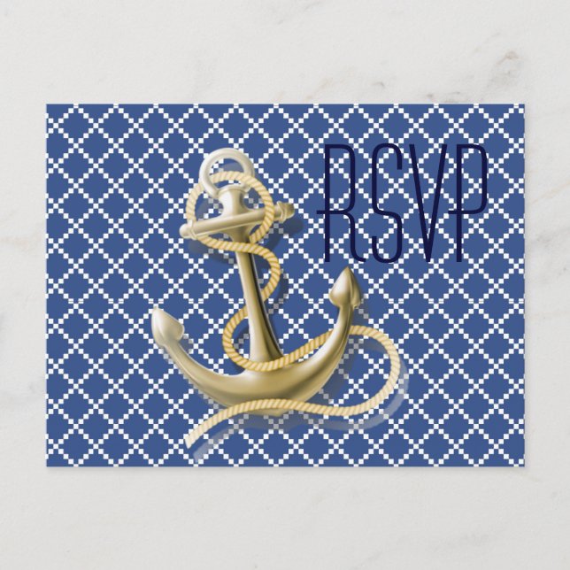 Invitation Carte Postale Marine Blue motif ancre de mariage nautique rsvp (Devant)