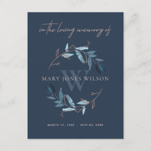 INVITATION CARTE POSTALE MARINE BLUE ROSE FOLIAGE WREATT MERCI MÉMORIAL