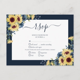 Invitation Carte Postale Marine Blue Sunflower Botanical Script Wedding RSV