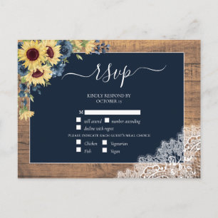 Invitation Carte Postale Marine Blue Sunflower Script dentelle en bois Mari