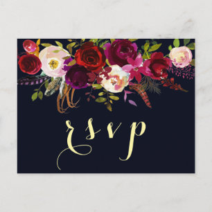 Invitation Carte Postale Marine Burgundy Marsala Rustic Boho Wedding RSVP