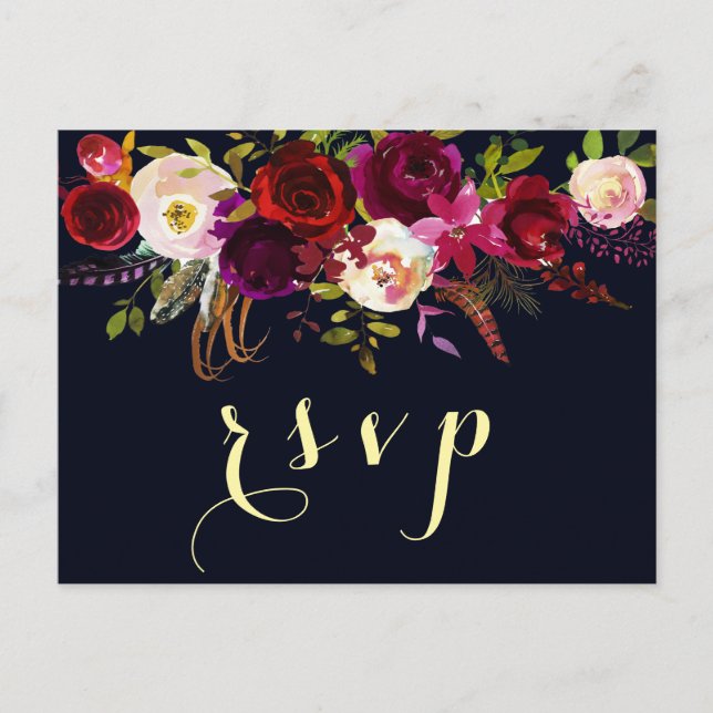 Invitation Carte Postale Marine Burgundy Marsala Rustic Boho Wedding RSVP (Devant)