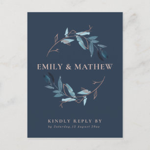 INVITATION CARTE POSTALE MARINE GOLD FOLIAGE WATERCOLOR WREATING RSVP