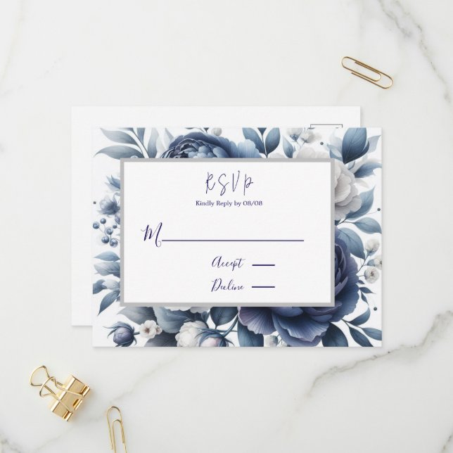 Invitation Carte Postale Marine Peonies Bleues et Roses Blanches Mariage RS (Devant/Arrière en situation)