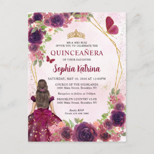 Invitation Carte Postale Maroon Rouge Plum or Floral Princesse Quinceañera