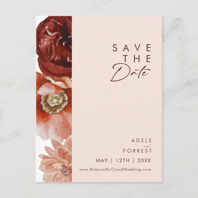 Invitation Carte Postale Marsala Autumn Floral Blush Enregistrer La Date Ca (Devant)