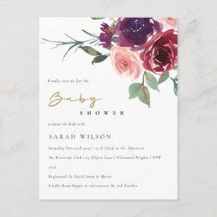 INVITATION CARTE POSTALE MARSALA BLUSH ROSE WATERCOLOR BABY SHOWER FLORAL