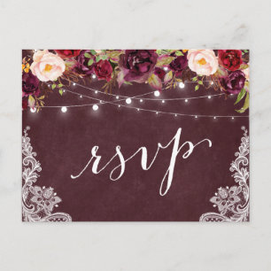 Invitation Carte Postale Marsala Floral String Lumières Dentelle Mariage RS
