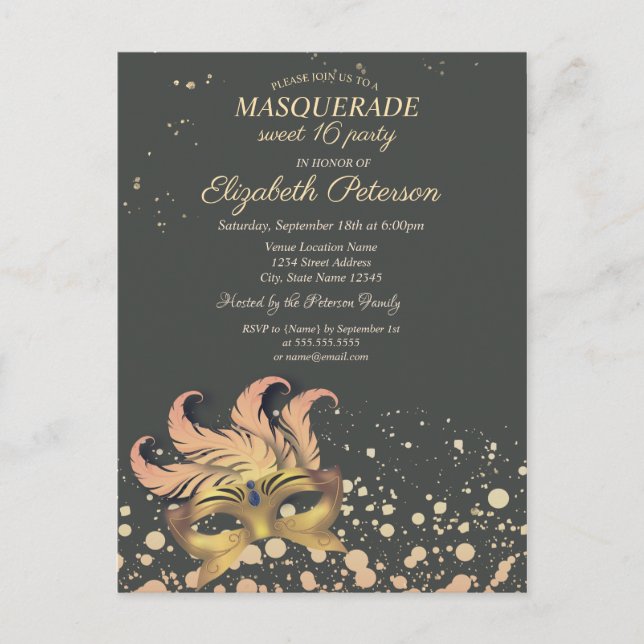 Invitation Carte Postale Mascarade Chic,Points, Masque Sweet 16 (Devant)