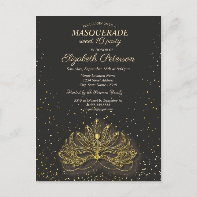 Invitation Carte Postale Mascarade, Confetti Masque Sweet 16 (Devant)