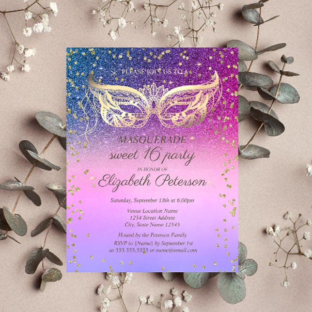 Invitation Carte Postale Mascarade  Diamants Glitter Froid Douce 16 Ans (Créateur téléchargé)