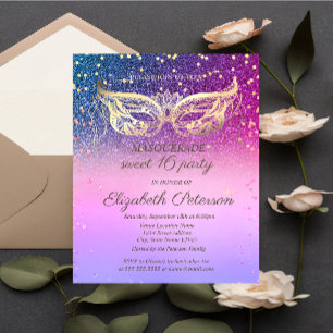 Invitation Carte Postale Mascarade Diamants Paillettes Coloré Sweet 16