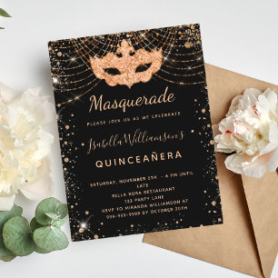 Invitation Carte Postale Mascarade en or noir poussière de parties scintill