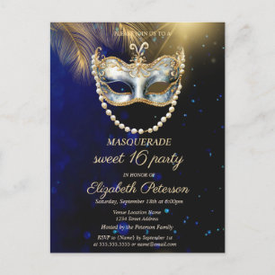 Invitation Carte Postale Mascarade Masque Or Feuilles Sweet 16