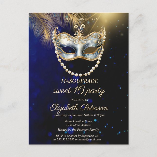 Invitation Carte Postale Mascarade Masque Or Feuilles Sweet 16 (Devant)