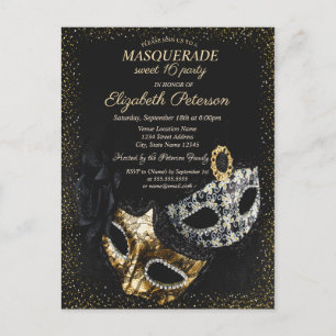 Invitation Carte Postale Mascarade noire chic, Masque Confetti Sweet 16