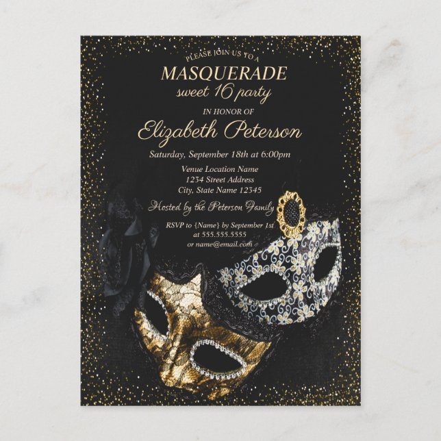 Invitation Carte Postale Mascarade noire chic, Masque Confetti Sweet 16 (Devant)