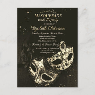 Invitation Carte Postale Mascarade noire chic, Masque Sweet 16