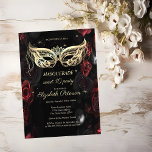 Invitation Carte Postale Mascarade Roses Rouge foncé Gothique Sweet 16<br><div class="desc">Roses rouges et masque sur arrière - plan noir.</div>