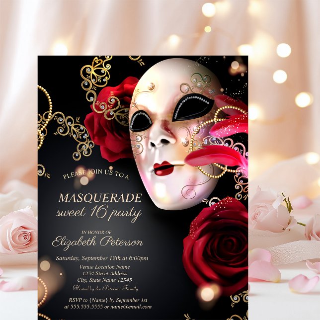 Invitation Carte Postale Mascarade Roses rouges doux 16 (Créateur téléchargé)