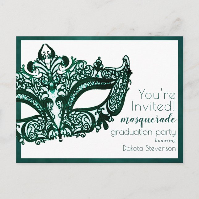 Invitation Carte Postale Mascarade vert | Mardi Gras Graduation (Devant)