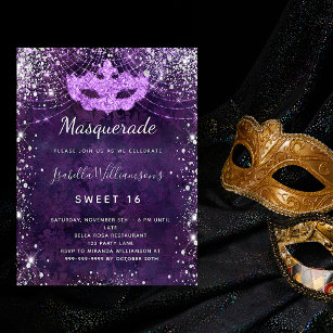 Invitation Carte Postale Mascarade violet argent parties scintillant poussi