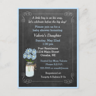 Invitation Carte Postale Mason Jar aux fleurs Baby shower bleu