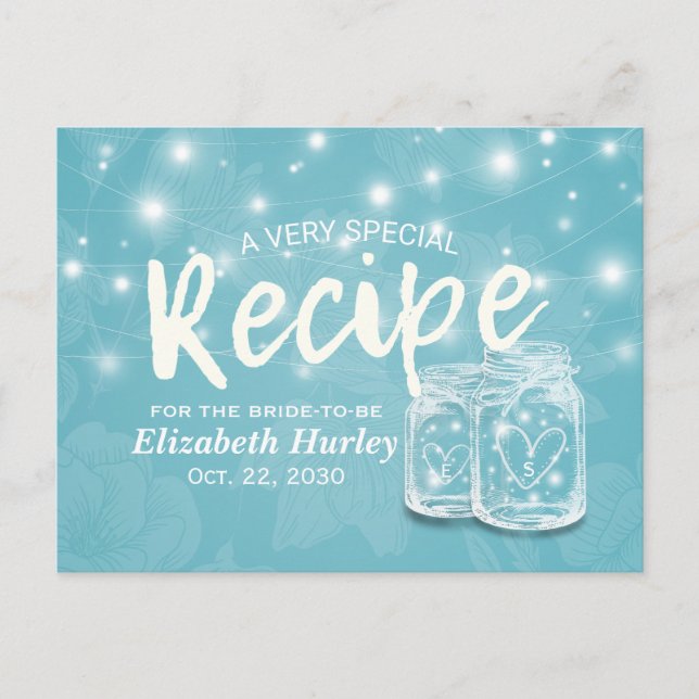 Invitation Carte Postale Mason Jar String Lumière Fête des mariées Florale  (Devant)