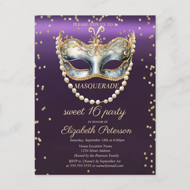 Invitation Carte Postale Masqu Perles Diamants Purple Sweet 16 (Devant)