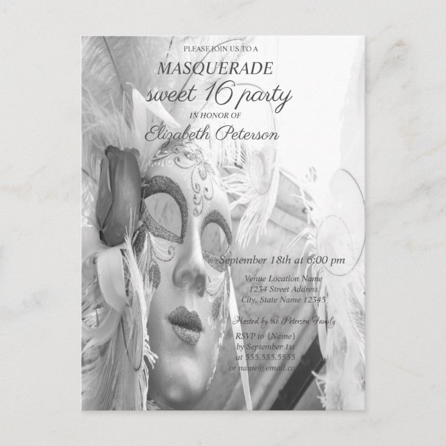 Invitation Carte Postale Masque Chic Mascarade Cool Sweet 16 (Devant)