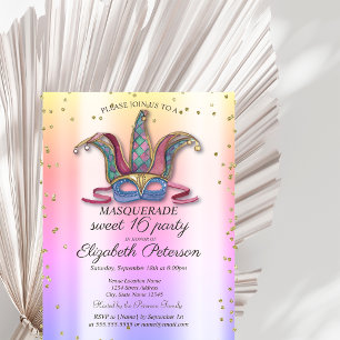 Invitation Carte Postale Masque coloré Diamants Mascarade Sweet 16
