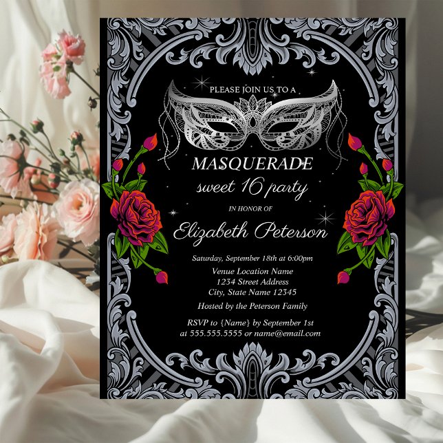 Invitation Carte Postale Masque d'argent Roses rouges Gothique Sweet 16 (Créateur téléchargé)