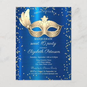 Invitation Carte Postale Masque Diamants Bleu Métallisé Masquerade