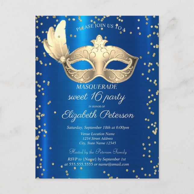 Invitation Carte Postale Masque Diamants Bleu Métallisé Masquerade (Devant)
