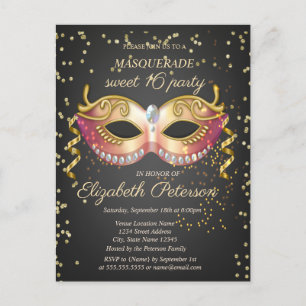 Invitation Carte Postale Masque, Diamants Dorés Mascarade Sweet 16