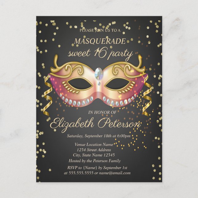Invitation Carte Postale Masque, Diamants Dorés Mascarade Sweet 16 (Devant)