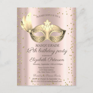 Invitation Carte Postale Masque Diamants Or Rose Mascarade18ème Anniversair