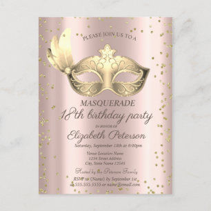 Invitation Carte Postale Masque Diamants Rose Gold Masquerade18e anniversai
