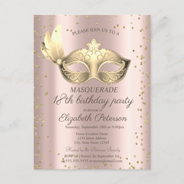 Invitation Carte Postale Masque Diamants Rose Gold Masquerade18e anniversai (Devant)