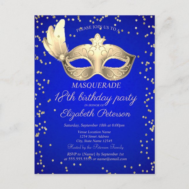 Invitation Carte Postale Masque Diamonds Royal Blue 18e anniversaire (Devant)