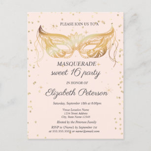 Invitation Carte Postale Masque en dentelle or diamants Sweet 16