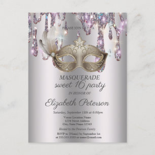 Invitation Carte Postale Masque,Gouttes,Mascarade Sweet 16