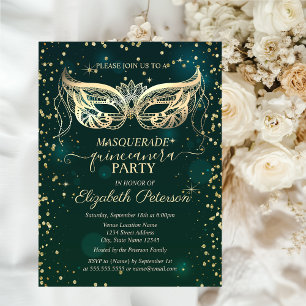 Invitation Carte Postale Masque Or Diamants Vert Quinceañera
