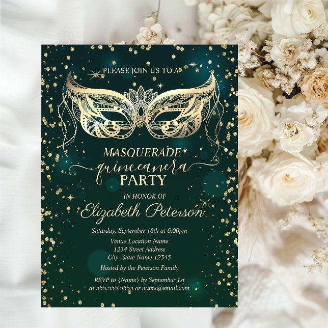 Invitation Carte Postale Masque Or Diamants Vert Quinceañera (Créateur téléchargé)