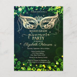 Invitation Carte Postale Masquerade Bokeh Points Verts Quinceañera