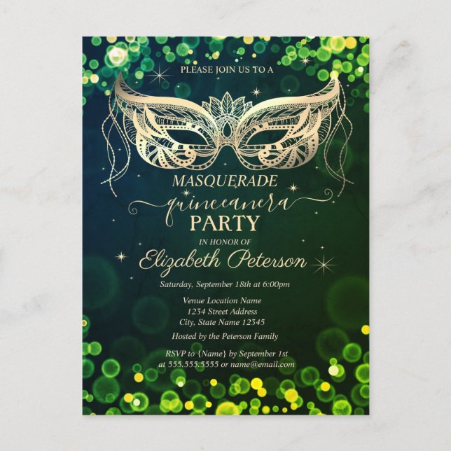 Invitation Carte Postale Masquerade Bokeh Points Verts Quinceañera (Devant)