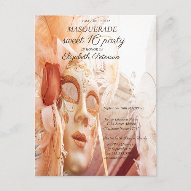 Invitation Carte Postale Masquerade Chic Masque Sweet 16 I (Devant)