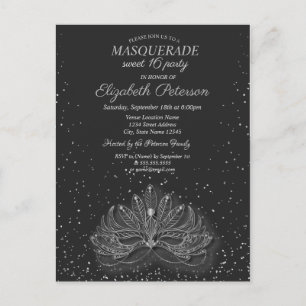 Invitation Carte Postale Masquerade, Confetti Masque Grey Sweet 16