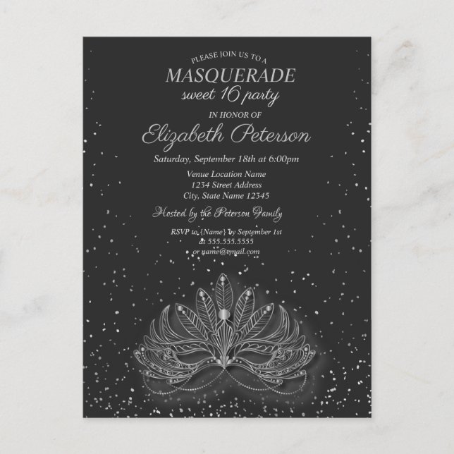 Invitation Carte Postale Masquerade, Confetti Masque Gris Sweet 16 (Devant)