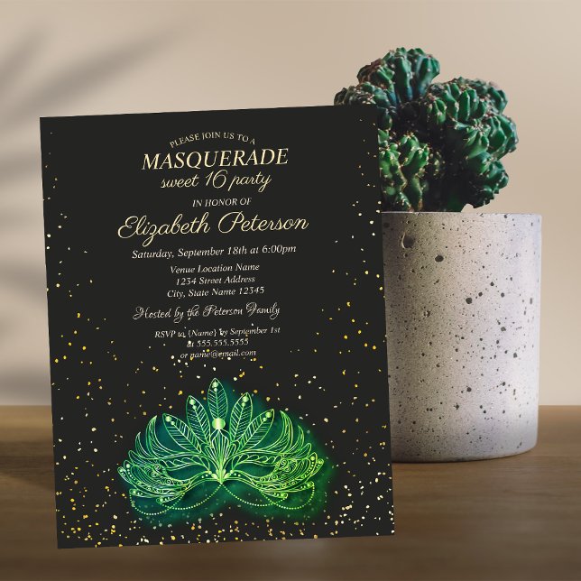Invitation Carte Postale Masquerade, Confetti Masque Vert Sweet 16 (Créateur téléchargé)